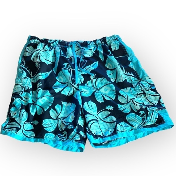 Roundtree & Yorke Big & Tall Palm Leaf Swim Shorts 21” Black Blue Size 2XB - Picture 6 of 8